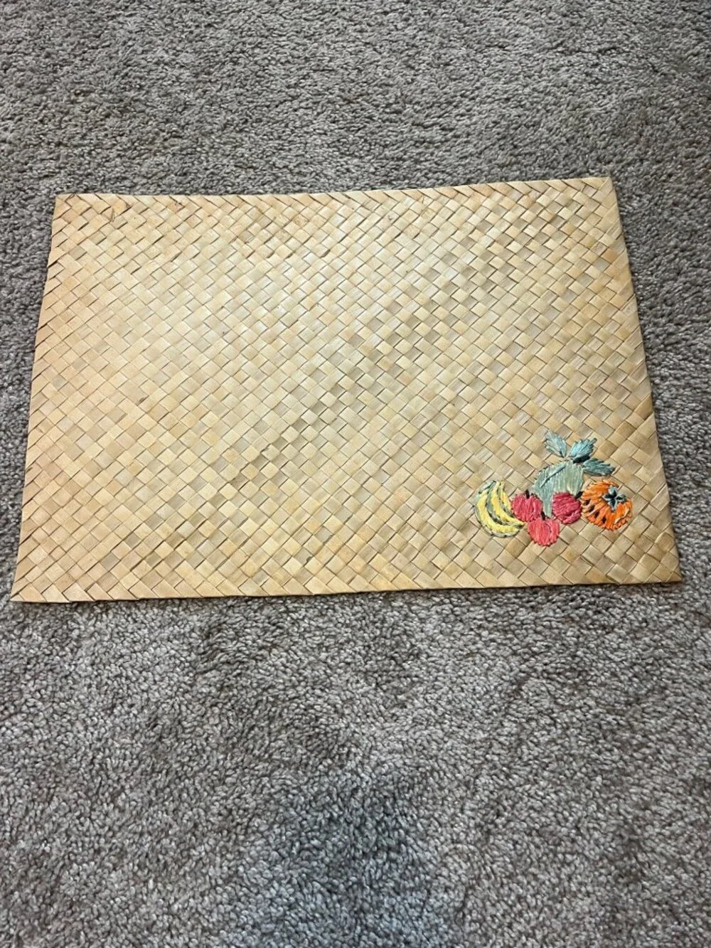 Set Of 4 Vintage Woven Straw Placemats With Embroidered Fruit Design